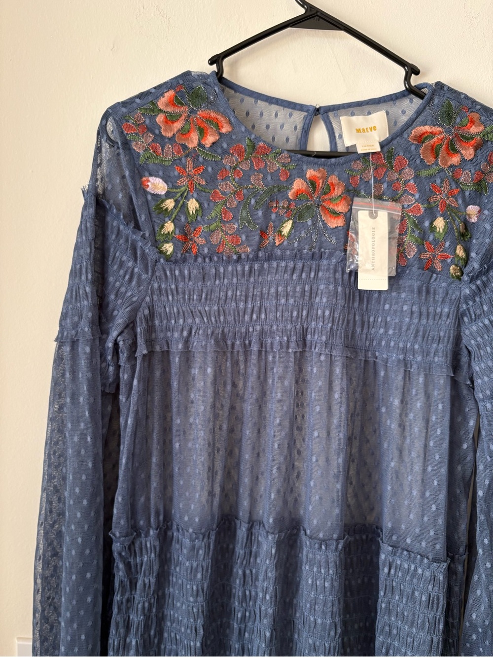 Maeve Blue Sheer Long-Sleeve Embroidered Tiered Dress - Picture 3 of 10
